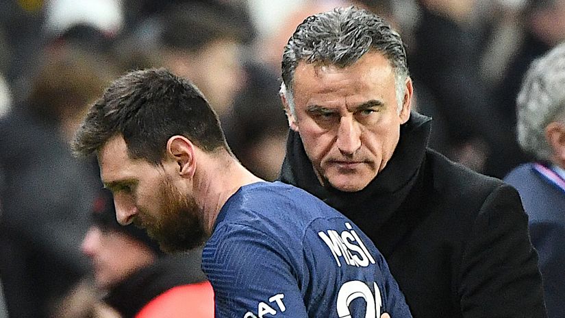 Lionel Messi with Christophe Galtier (©AFP)