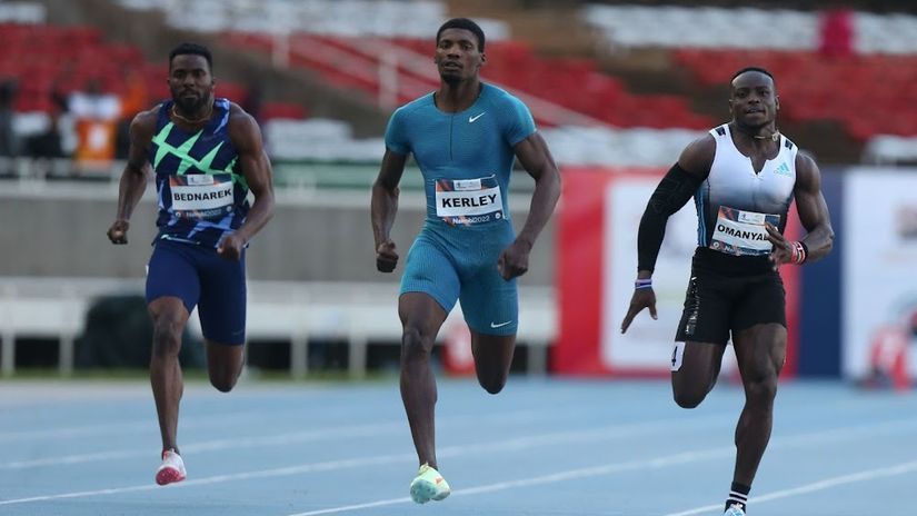 Ferdinand Omanyala alongside Fred Kerley and Kenny Bednarek at the Kip Keino Classic in 2022. Courtesy