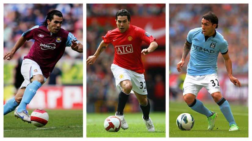 Tevez during his time at West Ham, Man Utd and Man City (©Getty images sport)