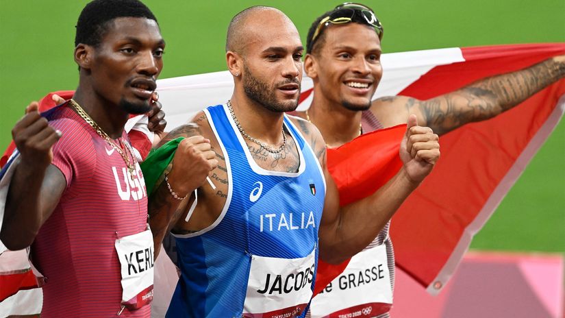 Fred Kerley  Lemont Jacobs and Andre de Grasse celebrate their Medals in Athletics Men's 100m Final during the Olympic Games Tokyo 2020© AFP