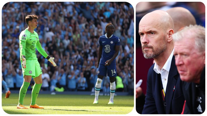 Kepa and Chalobah in despair, with Ten Hag and McClaren keeping their eyes on them (©Getty images sport)