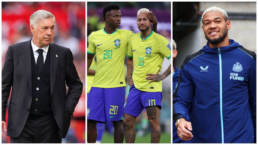 Ancelotti, Vini and Neymar in Brazil shirt, and Joelinton (©Getty images sport)