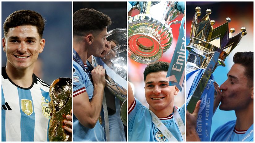 Julian Alvarez with the trophies he collected in the previous few months (©Gallo images)