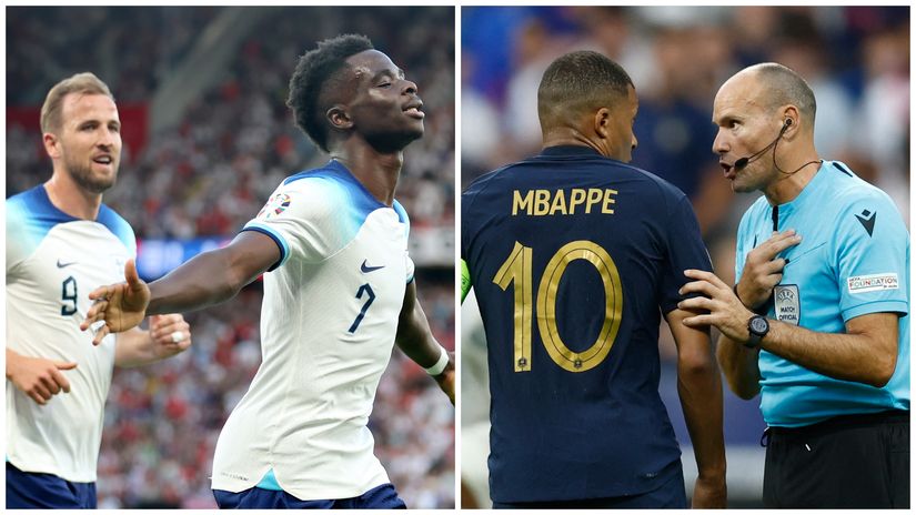 Saka celebrates followed by Kane, Mbappe talks with Lahoz (©Gallo images/Getty images sport)