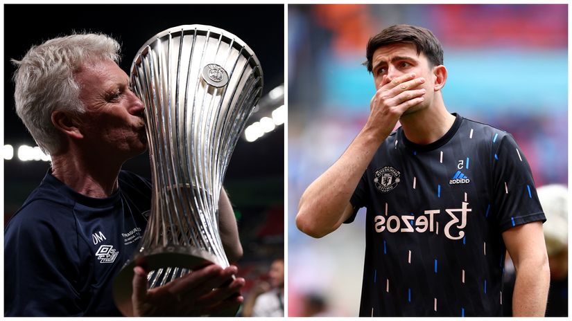 David Moyes with the Conference League trophy and Harry Maguire (©Getty images sport)