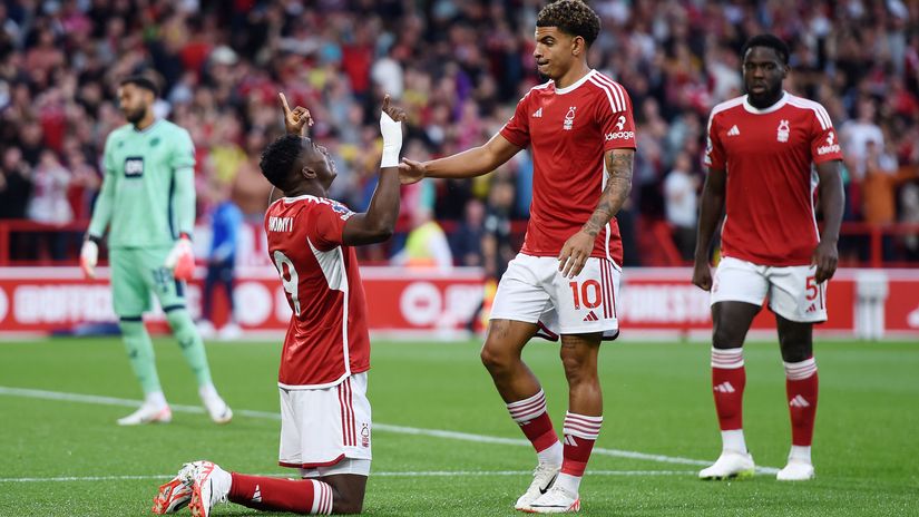 Awoniyi celebrates with Gibbs-White after scoring on Friday night (©Harriet Lander/Getty Images)