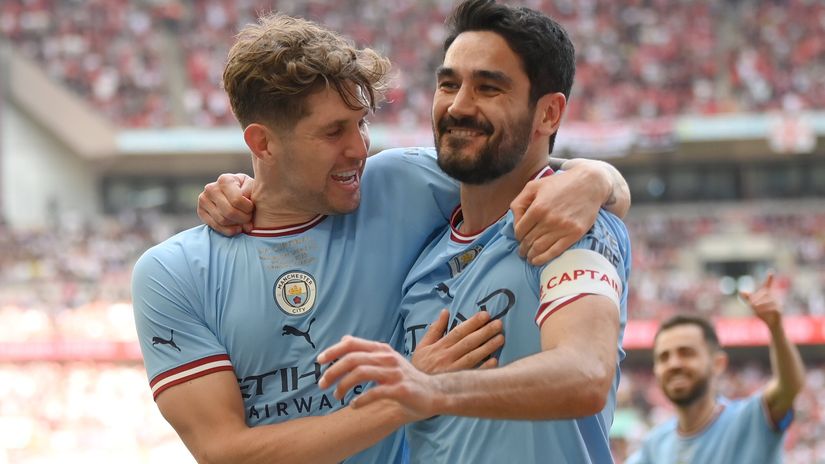 Stones and then-captain Gundogan celebrate for City (©Mike Hewitt/Getty Images)