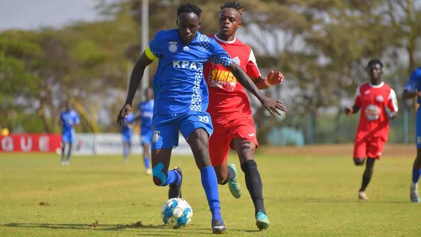 Andrew Juma keeps the ball away from Bidco FC's striker Samuel Ndungu in a recent league match ©Mozzart Sport