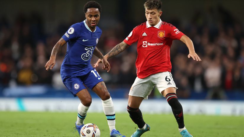 Sterling in action against Man Utd's Lisandro Martinez (©Alex Pantling/Getty Images)