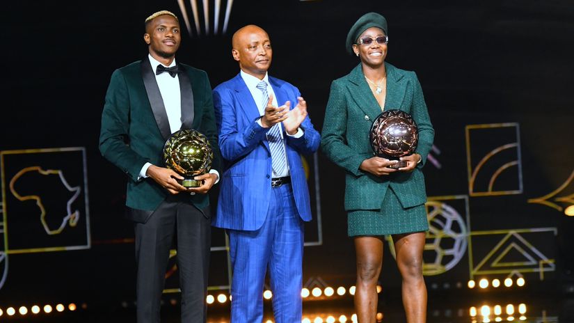 Asisat Oshoala and Victor Osimhen in Monday's award ceremony in Morocco©CAF Online.