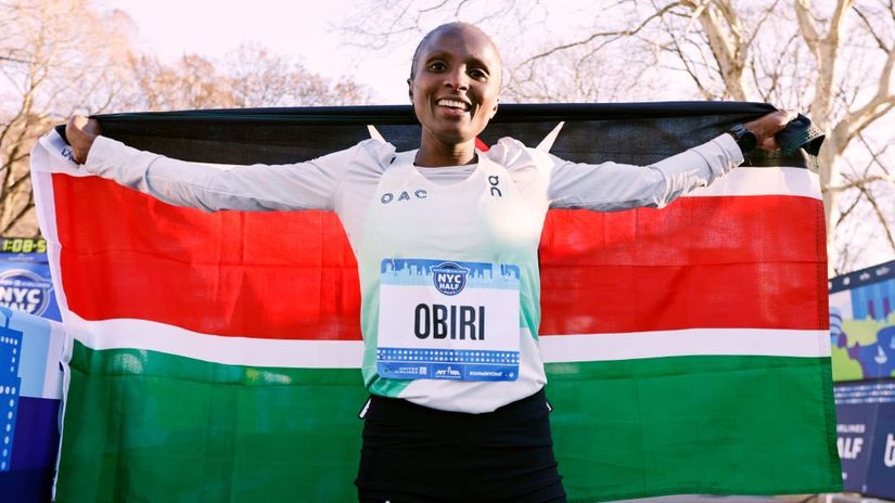 Hellen Obiri moments after winning the NYC Half Marathon in March 2023 ©AFP