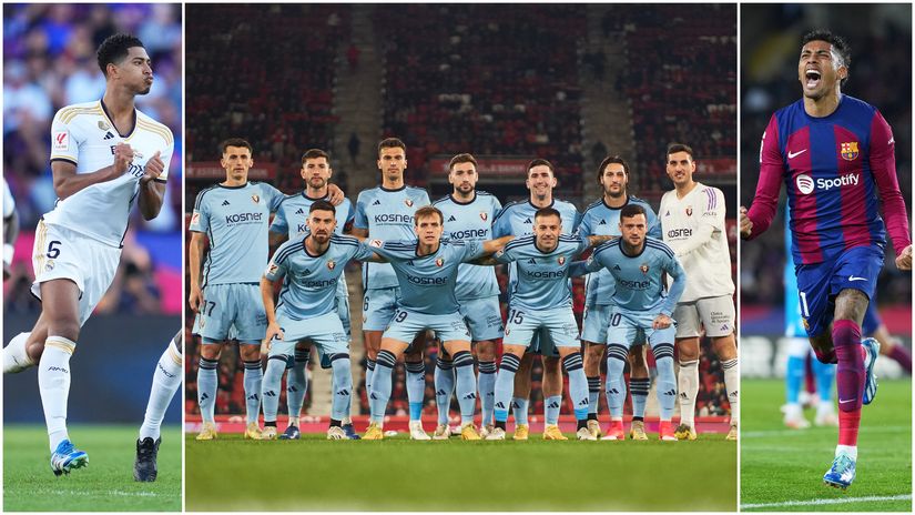 Jude Bellingham of Real Madrid (left), Raphinha of Barcelona (right) and Osasuna squad in between (©Getty images sport)