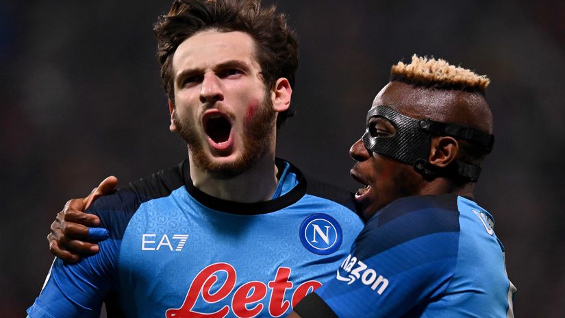 Khvicha and Osimhen celebrating for Napoli (©Alessandro Sabattini/Getty Images)