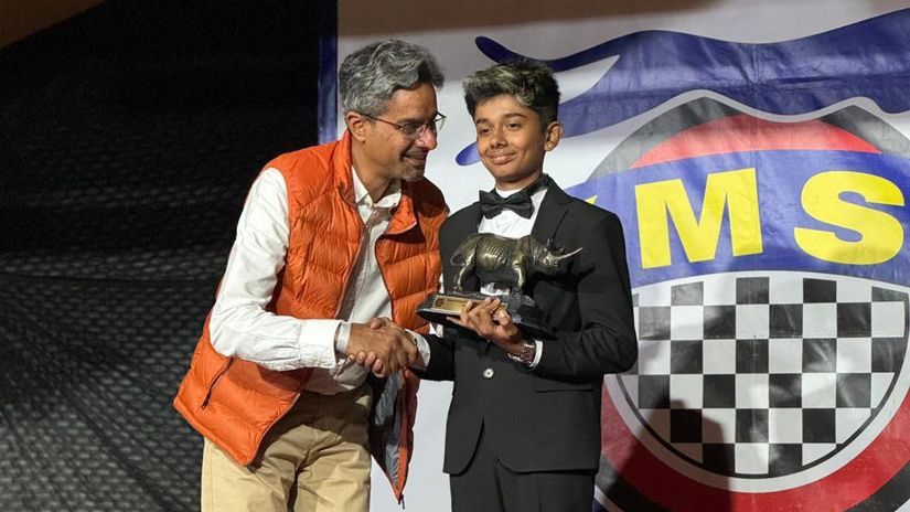 KMSF Director Raju Chaggar presents Junior Rotax National Karting trophy to Krrish Vadgama © Courtesy 