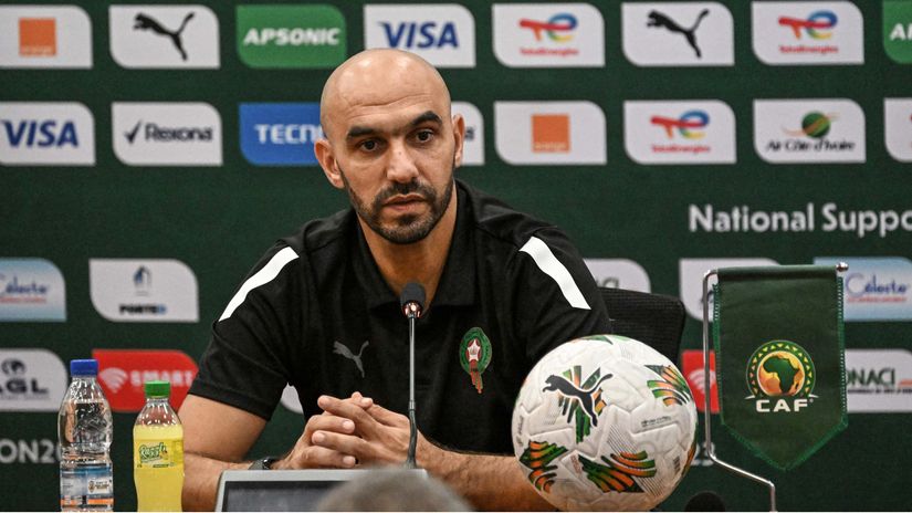 Morocco's head coach Walid Regragui attends a press conference at the Laurent Pokou stadium in San-Pedro on January 29, 2024 on the eve of the round of 16 Africa Cup of Nations (CAN) 2024 football match between Morocco and South Africa (Photo by Sia KAMBOU / AFP)