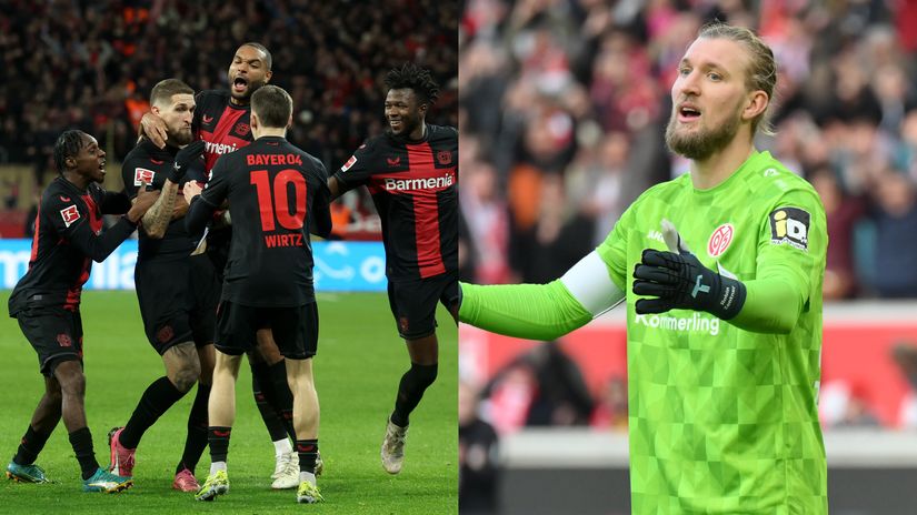 Andrich after scoring (left) and Mainz goalkeeper Zentner in disbelief (right) (©Getty Images)
