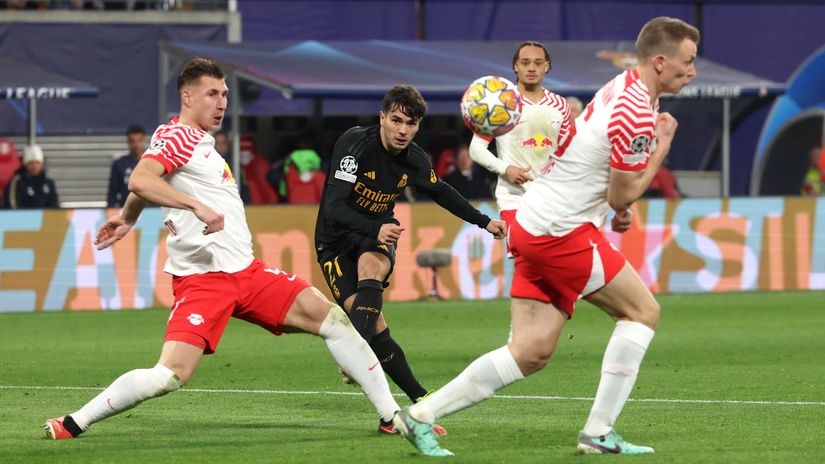 Brahim Diaz scoring for Real Madrid against RB Leipzig in the Champions League (©Alexander Hassenstein/Getty Images)