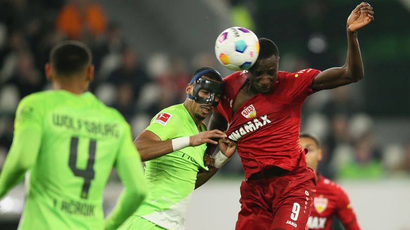 Serhou Guirassy scores his team's first goal against Wolfsburg (©Selim Sudheimer/Getty Images)