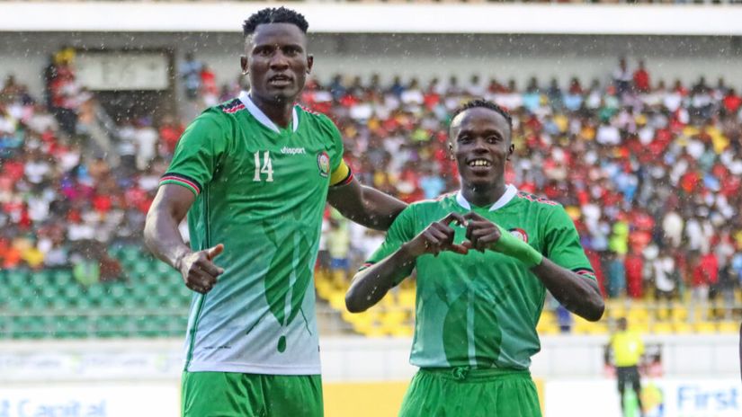 Mahiga and Olunga celebrate a goal against Zimbabwe ©FKF