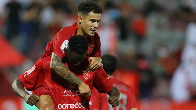 Philippe Coutinho celebrates with Harambee Stars captain Michael Olunga © Al Duhail on X 
