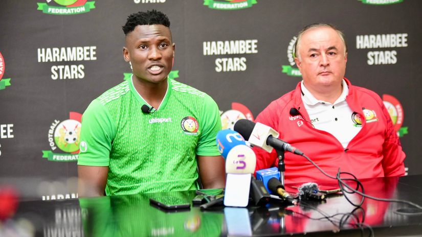 Michael Olunga and Engin Firat in Monday's presser ©Harambee Stars