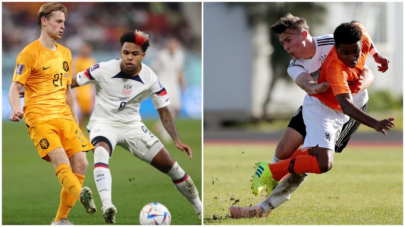 Frenkie de Jong in action for the Netherlands (left) and Maatsen (©Getty images sport)