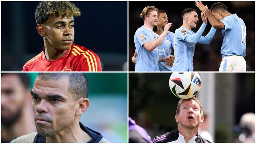 Lamine Yamal (upper left corner), Pepe (lower left), most represented Man City (upper right) and youngest coach Julian Nagelsmann (©Getty images sport)