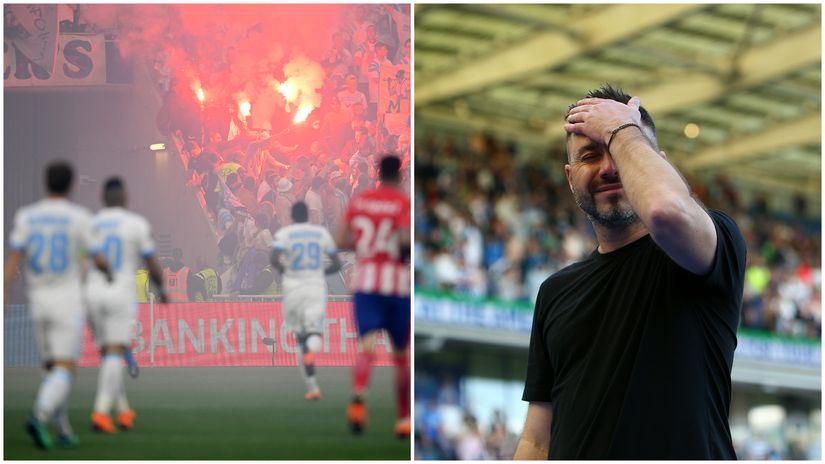   The atmosphere during a Marseille game (left) and Roberto De Zerbi's reaction during his Brighton farewell (©Getty images sport)