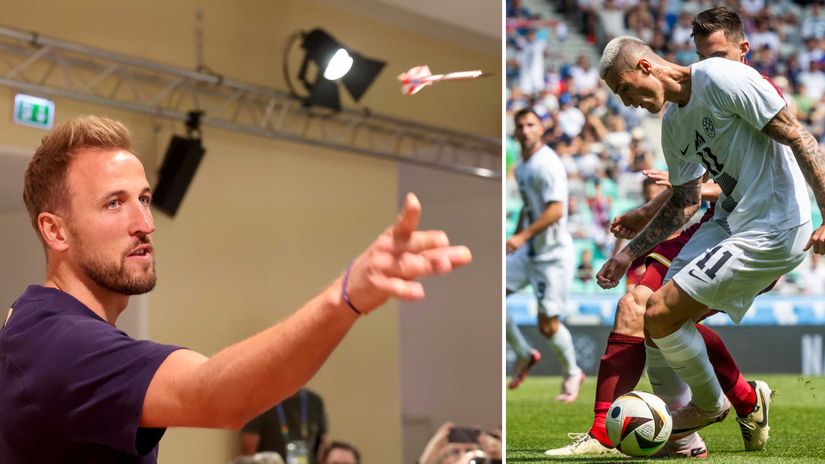 Harry Kane plays darts at their training camp (left) and Benjamin Sesko in action for Slovenia (©Getty images sport)