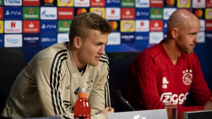 De Ligt and ten Hag at Ajax press conference(©AFP)
