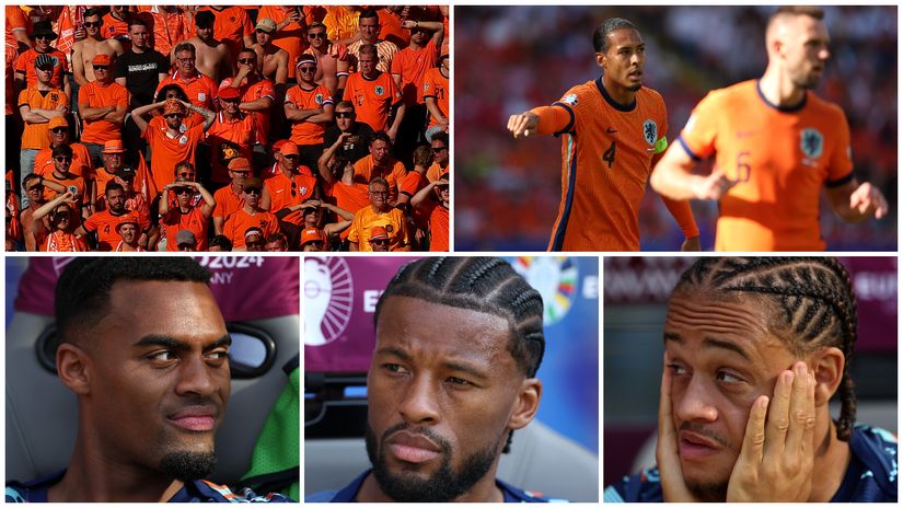 Disappointed Dutch fans watching Van Dijk and his teammates, with Dumfries, Wijnaldum and Simons sitting on the bench (©Getty images sport)