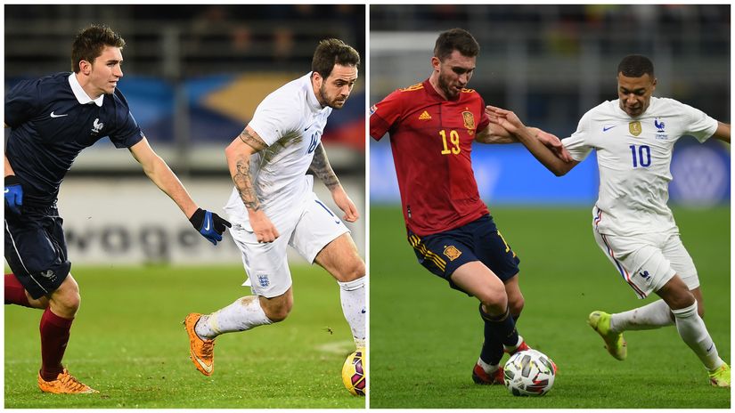 Laporte in action for France's U-21 back in 2014 (left) and against France for Spain in 2021 (©Getty images sport)