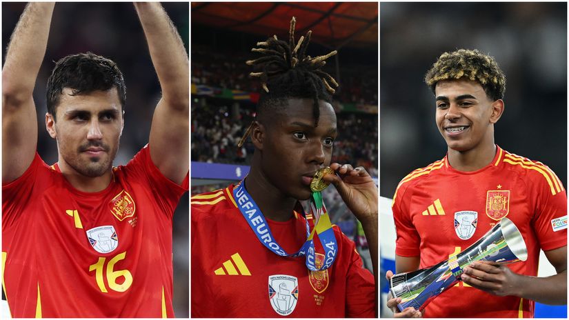 Rodri, Williams and Yamal with the awards (©Getty images sport/Gallo images)