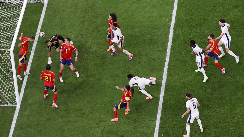 Olmo cleares it off from the line with his head (©Stu Forster/Getty images sport)
