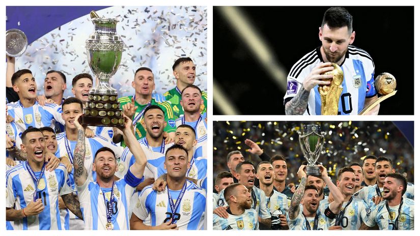 Copa America, FIFA World Cup, and Finalissima trophies in Messi's hands(©AFP)