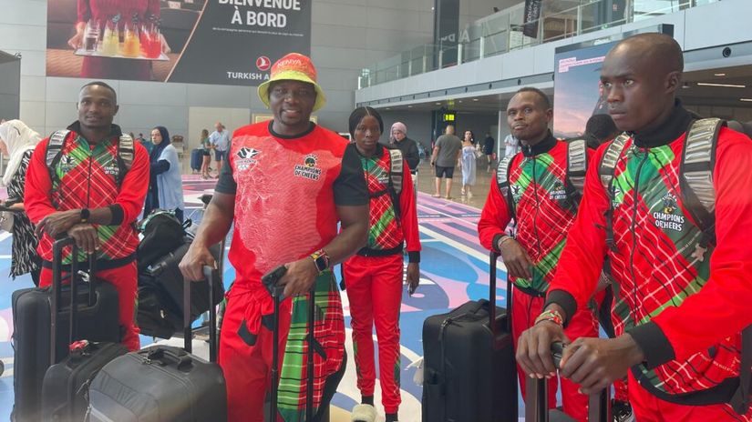 Julius Yego alongside Team Kenya sprinters jetting in at the Marseille International Airport in France for a Two-Week Boot Camp in Miramas © Alex Isaboke