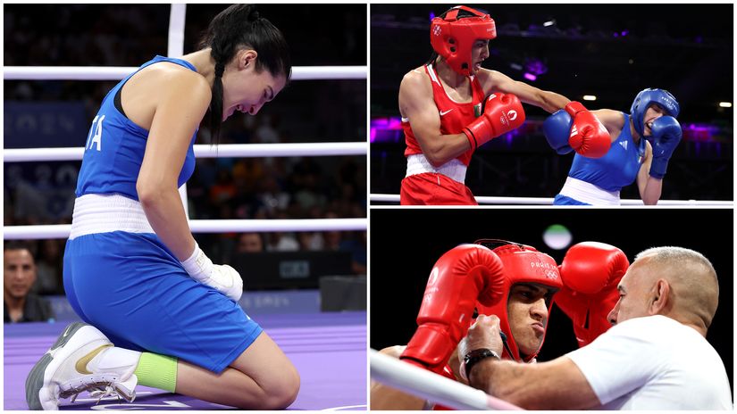 Carini and Khelif during and after their Thursday fight (©Richard Pelham/Getty Images)