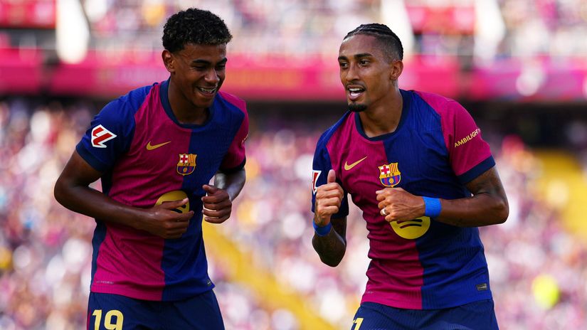 Raphinha and Yamal celebrate the Brazilian's first goal(©Alex Caparros/Getty Images)