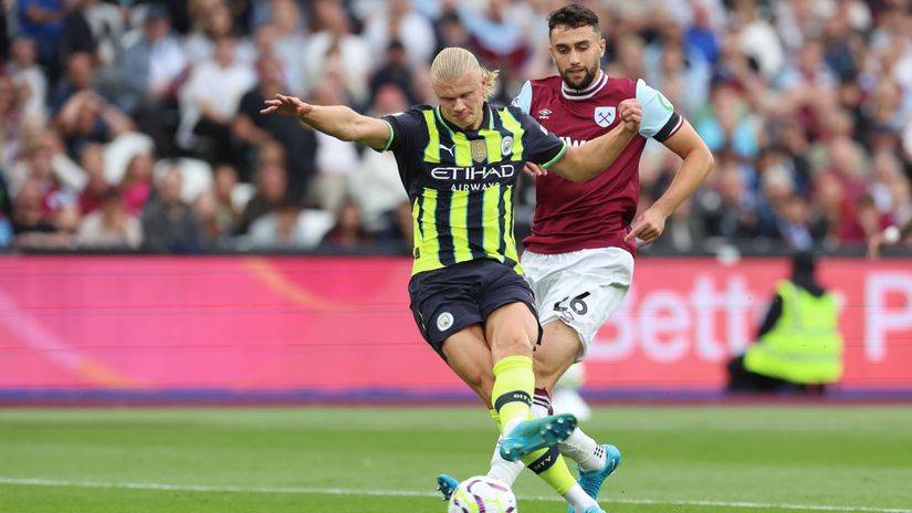 City's Haaland scores his first goal next to Kilman of West Ham(©Richard Pelham/Getty Images)