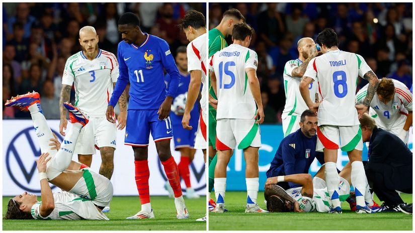 Italy's Riccardo Calafiori reacts after sustaining an injury (©REUTERS/Christian Hartmann)
