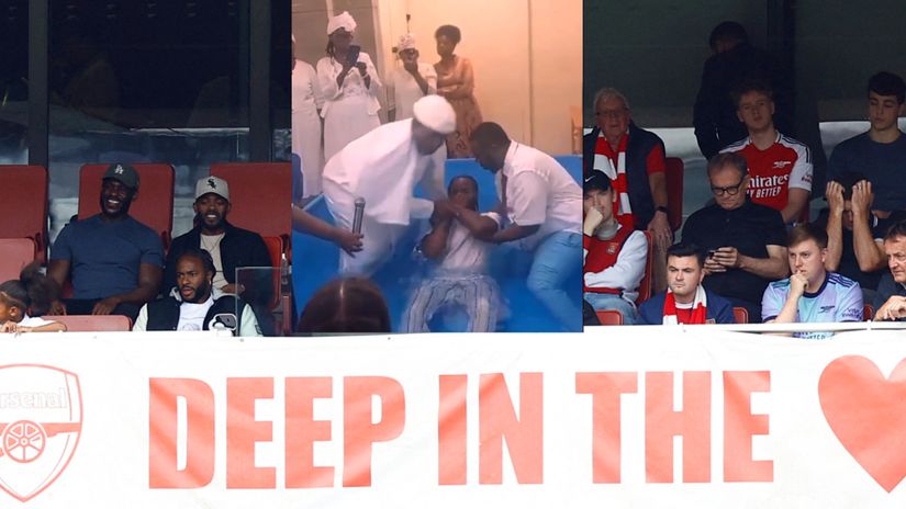 Raheem Sterling watching an Arsenal game from the sky box at Emirates, and Sterling pictured while getting baptized (©Action Images via Reuters/Peter Cziborra/X-Talk Church)