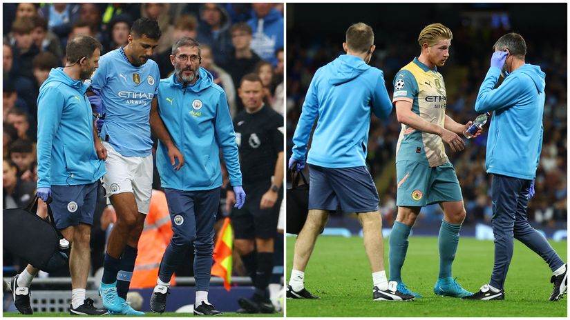 Rodri and De Bruyne leaving the pitch following their injuries (©Gallo images)