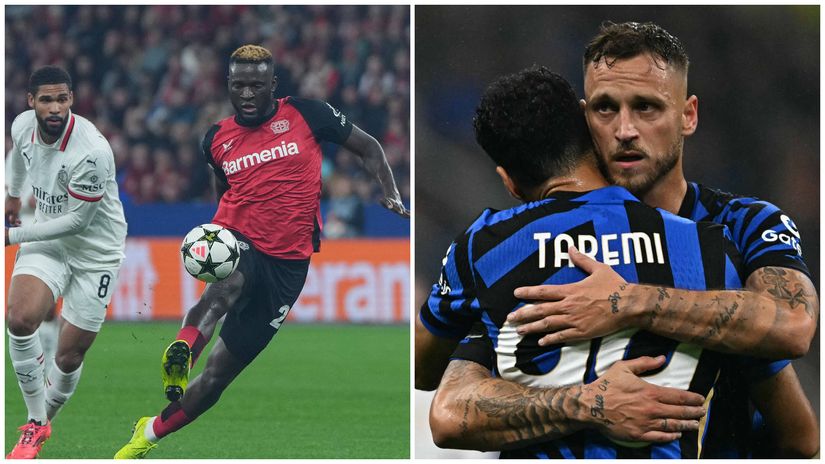 Boniface of Bayer in action and Arnautovic and Taremi of Inter celebrating a goal(©AFP)