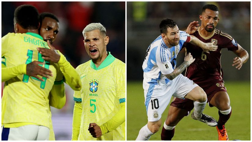The Brazilians celebrate (left) and Messi of Argentina and Herrera of Venezuela in action (right)(©Reuters/Ivan Alvarado/Leonardo Fernandez Viloria/Gallo Images)