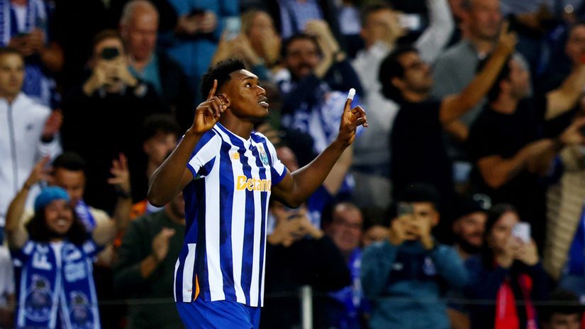 Omorodion celebrates his second goal against Man United(©Reuters/Pedro Nunes/Gallo Images)