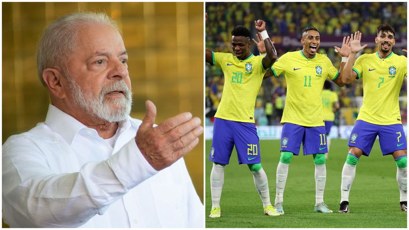 Brazilian president Lula da Silva (left) and Vinicius Jr, Raphinha and Paqueta (©Getty images sport)