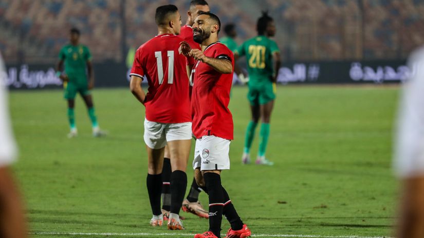 Salah celebrates after scoring on Friday night against Mauritania (©Ahmad Hasaballah/Getty Images)