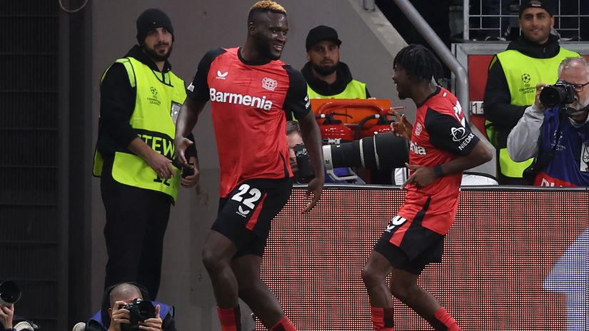Boniface celebrates after scoring (©Lars Baron/Getty Images)