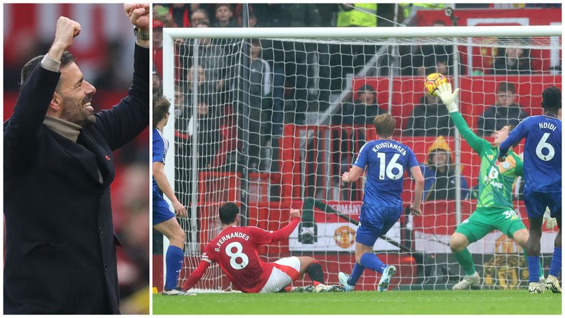 Ruud van Nistelrooy celebrates with United fans as Bruno scores (©Getty images sport)