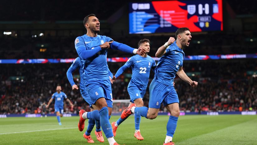 The Greeks celebrate their opening goal at Wembley(©Julian Finney/Getty Images)